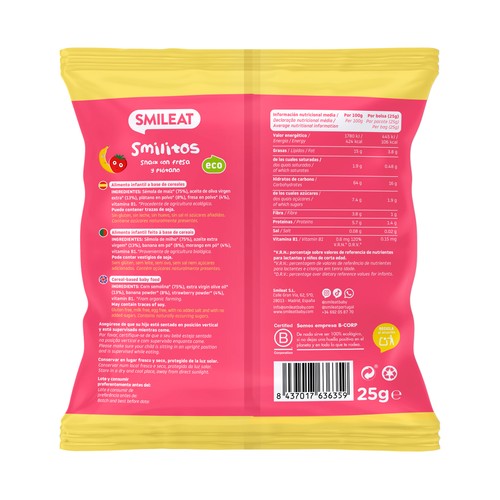 SMILEAT Smilitos Snack infantil con fresa y plátano de origen 100% ecológico 25 g.