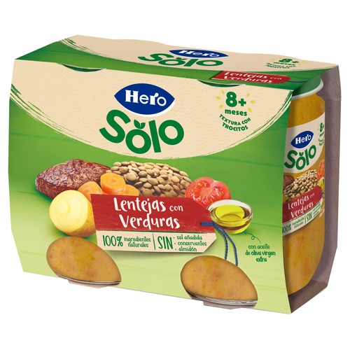 HERO Solo Tarrito de lentejas con verduritas (textura con trocitos), a partir de 8 meses 2 x 190 g.