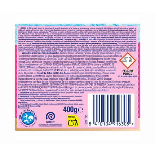 VANISH Potenciador del lavado multifunción con triple efecto: quitamanchas, eliminación de olores y cuidado de los colores 400 ml.