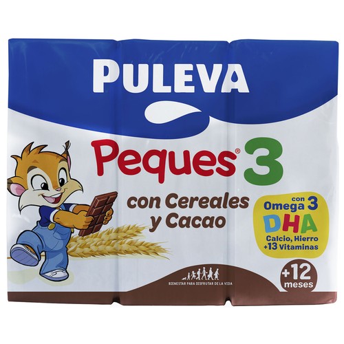 PULEVA Peques 3 Leche de crecimiento con cereales y cacao, de 12 a 36 meses 3 x 200 ml.