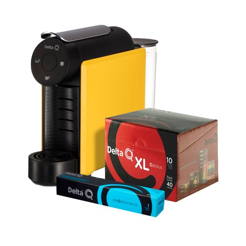 Pack de cafetera de cápsulas + 50 cápsulas de café DELTA Q MiniQOOL amarillo, automática, multibebidas, recipiente para cápsulas.
