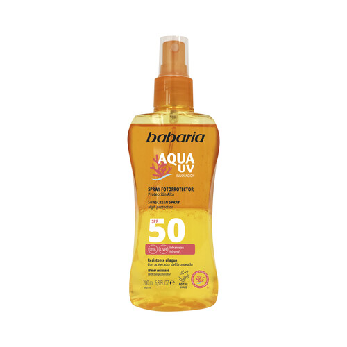 BABARIA Aqua uv Spray protector solar acelereador del bronceado y FPS 50 (muy alta) 200 ml.