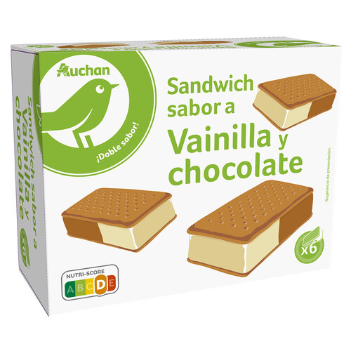 AUCHAN Sándwich de galleta relleno de helado sabor a vainilla y chocolate 6 x 100 ml. Producto Alcampo