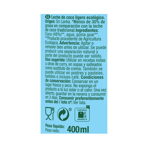 ORIGENS Leche de coco light Bio ORIGENS 400 ml.