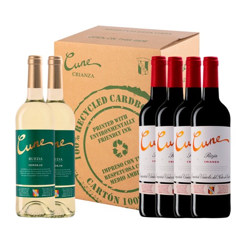 CUNE  Caja con 4 botellas de vino tinto crianza con D.O. Ca. Rioja y 2 botelas de vino blancp D.O. Rueda CUNE.