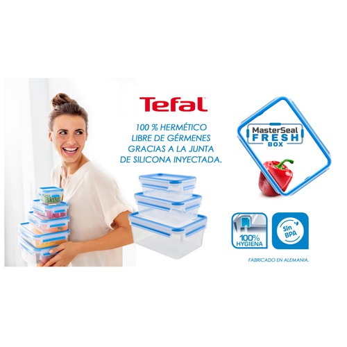Recipiente rectangular de plástico con cierre hermértico de clip para alimentos, 0,55 litros, Masterseal TEFAL.