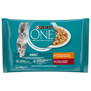 PURINA One Comida para gatos adultos a base de pollo y judías verdes (2) y buey y zanahorias (2) 4 x 85 g.
