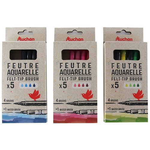 4 rotuladores de acuarela + 1 pluma de agua 3 tonalidades surtidas, AUCHAN.