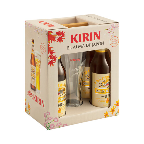 Estuche de cerveza japonesa KIRIN ICHIBAN 4 botellas de 33 cl + vaso