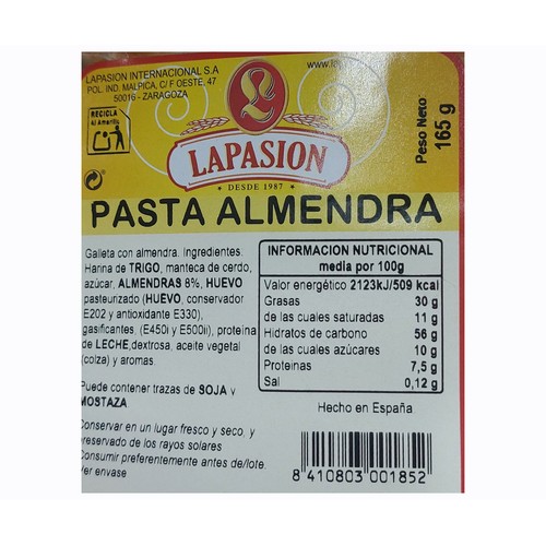 LAPASION Pastas con almendras 165 g.