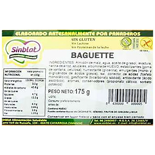 SINBLAT Pan baguette sin gluten SINBLAT 175 g.