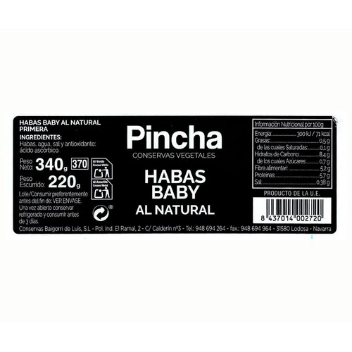 PINCHA Habas extra finas al natural 220 g.