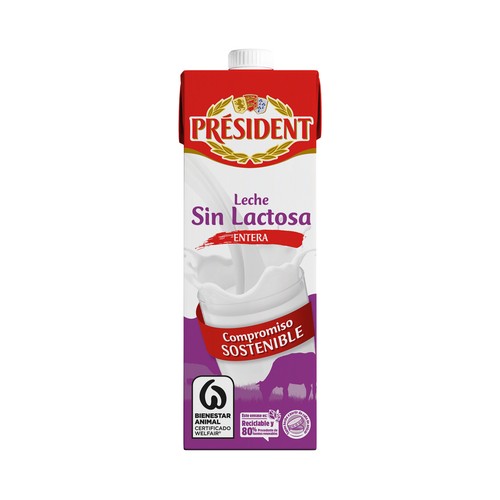 PRESIDENT Leche de vaca entera y sin lactosa de origen 100% española  1 l.