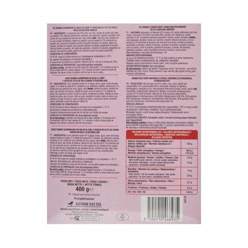 AUCHAN Pollo al curry con arroz Basmati 400 g Producto Alcampo.