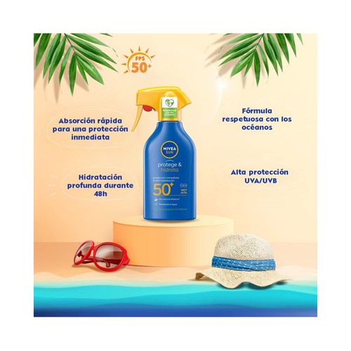 NIVEA Sun Protector solar en spray con acción protectora e hidratante y factor protección 50+ (muy alto) protege & hidrata 270 ml.