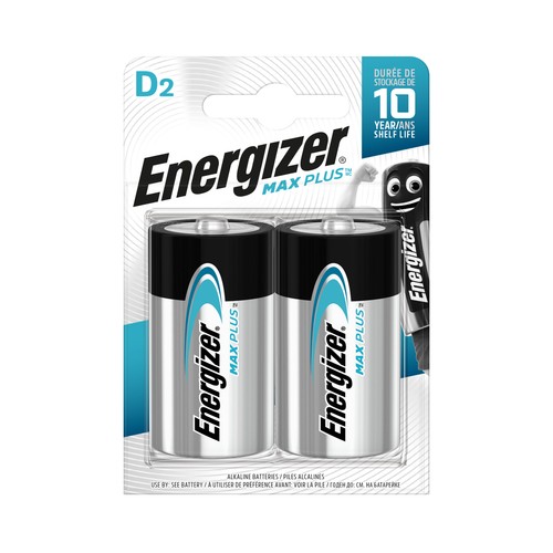 Pack de 2 pilas alcalinas D, LR20, 1,5V, ENERGIZER Max Plus.