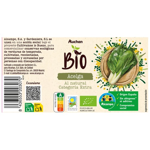 ALCAMPO CULTIVAMOS LO BUENO Bio Acelgas al natural ecológicas categoría extra bote 400 g.