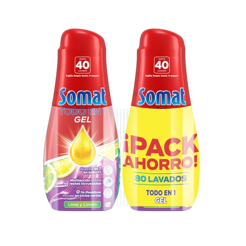 SOMAT Detergente lavavajillas máquina gel, lima limón 40 + 40 lav 1440 ml.