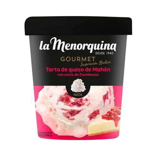 LA MENORQUINA Gourmet inspiración balear Tarrina de helado de nata y tarta queso Mahón, con salsa de frambuesa 450 ml.