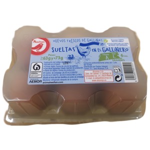Imagen de AUCHAN Huevos de gallinas sueltas en el gallinero categoría A y clase L 6 uds Producto Alcampo.