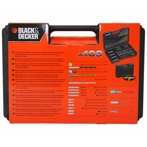 Set de 109 piezas para atornillar y taladrar con brocas titanio BLACK + DECKER A7200.