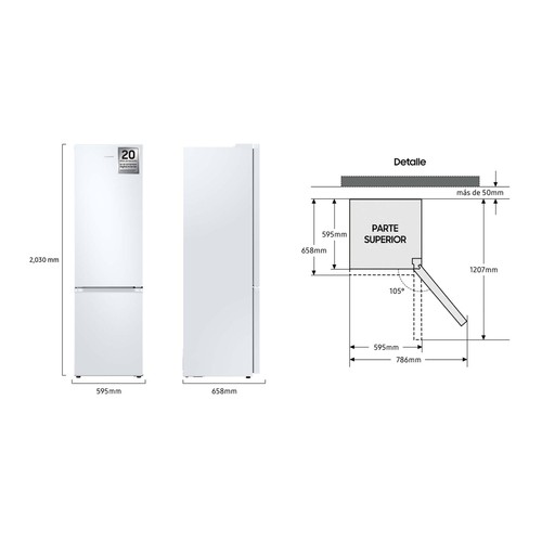 Frigorífico combi 203cm SAMSUNG RB38C605DWW NO FROST, clasificación energética: D, H: 203cm, A: 59,5cm, F: 65,8cm, capacidad total: 390L.