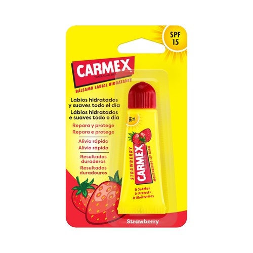 CARMEX Bálsamo labial hidratante con FPS 15 y sabor a fresa.