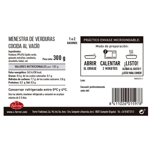 FERRER Menestra de verduras cocidas y envasadas al vacío, listas para ser consumidas FERRER 300 g.