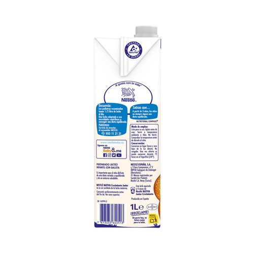 NATIVA Junior de Nestlé Leche de crecimiento con sabor a galleta Maria, a partir de 3 años 1 l.