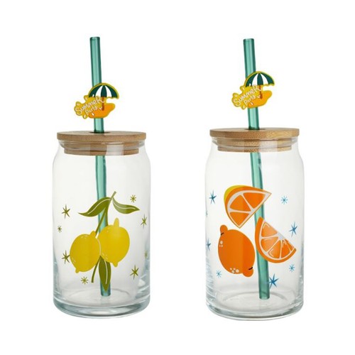 Jarra vidrio con tapón bambú 48 cl decoración frutas. ACTUEL