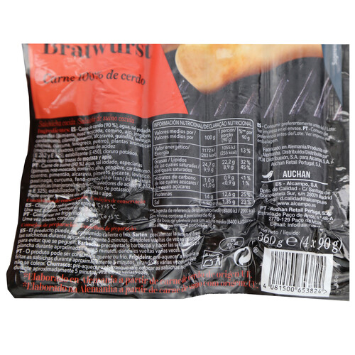 ALCAMPO GOURMET Salchichas alemanas cocidas de cerdo, tipo Bratwurst ALCAMPO GOURMET 4 x 90 g.