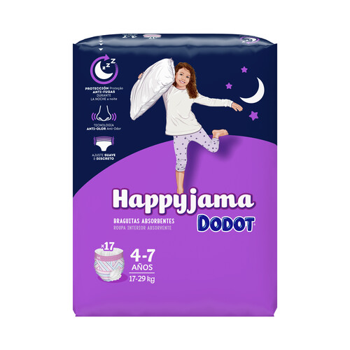 DODOT Pañales de noche talla 7 (braguitas absorventes), para niñas de 17 a 29 kilogramos y de 4 a 7 años DODOT Happyjama 17 uds.