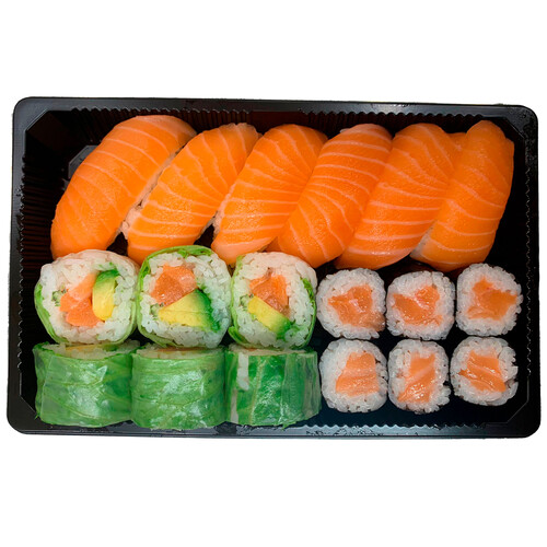 Bandeja 6 sushi salmón, 6 maki salmón y 6 cristal salmón SUSHI GOURMET 18 uds.