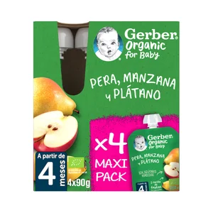 GERBER Organic Bolsitas de frutas (pera, manzana y plátano) ecológicas, a paritr de 4 meses 4 x 90 g.