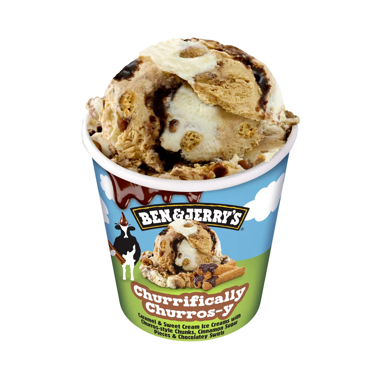 BEN & JERRY'S Churrifically Tarrina de helado de caramelo y nata con trozos de churros caramelizados 465 ml.