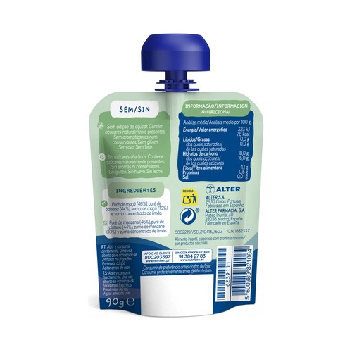NUTRIBÉN Fruta & go! Bolsita de fruta (manzana y plátano), a partir de 6 meses 90 g.