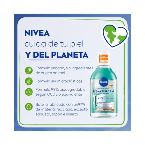 NIVEA Derma skin clear Agua micelar sin perfume para pieles propensas a imperfecciones 400 ml.