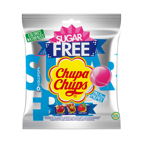 CHUPA CHUPS Sugar free Caramelos con palo de papel, de sabores variados y sin azúcar 6 uds.