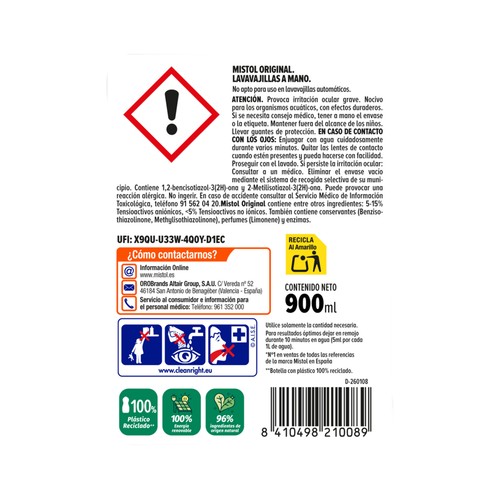 MISTOL Original Detergente concentrado lavavajillas a mano 900 ml.