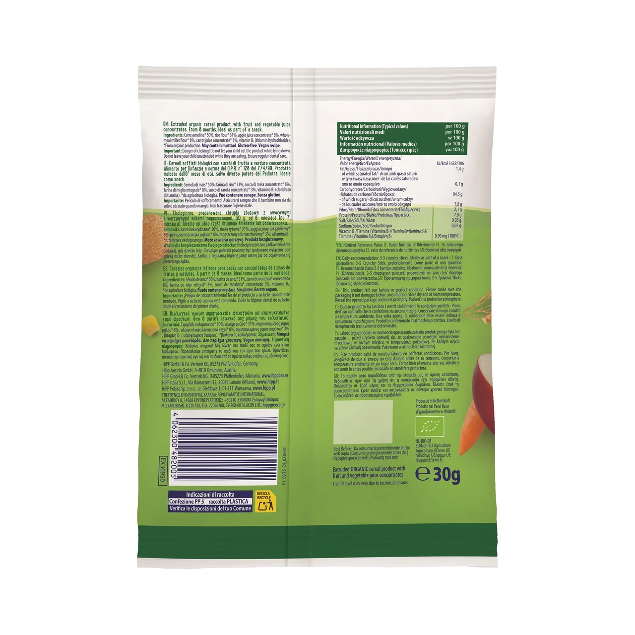 Biológico Snacks crujientes con manzana y zanahoria, a partir de 8 meses 30 g.
