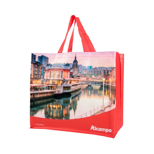 Bolsa grande de rafia reutilizable diseño Bilbao, ALCAMPO.