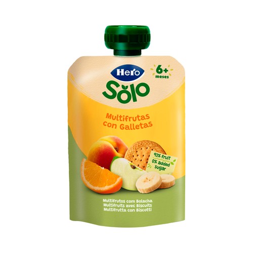 HERO Solo Bolsita de frutas (naranja, plátano manzana y melocotón) con galleta, a partir de 6 meses 100 g.