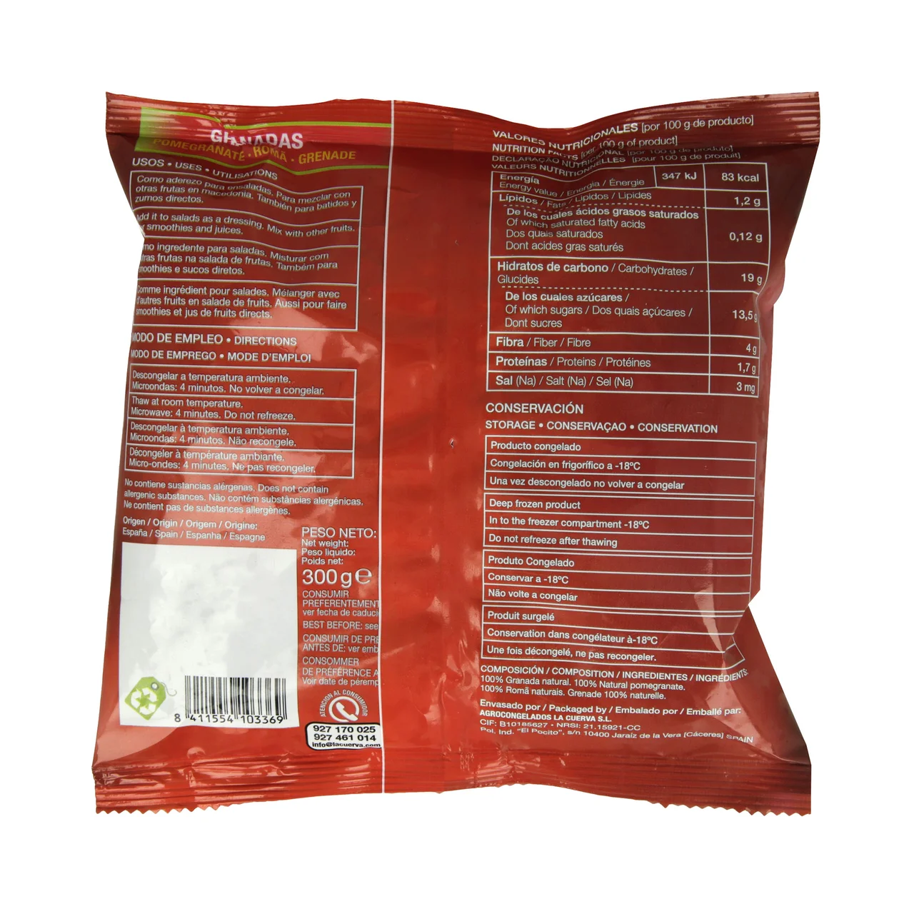 LA CUERVA Granos de granada ultracongelados y 100% naturales, sin conservantes ni colorantes LA CUERVA 300 g.