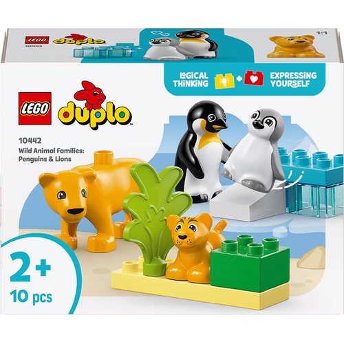 LEGO DUPLO - Familias de la Fauna Salvaje: Pingüinos y Leones 10442, 10 piezas, +2 años.