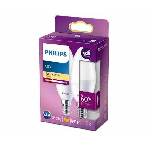 Pack de 2 bombillas Led E14, 7W=60W, luz cálida 2700K, 806lm, PHILIPS.
