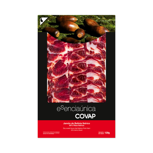 Jamón de bellota ibérico (50% raza ibérica), cortado en finas lonchas COVAP Esseniaúnica 120 g.