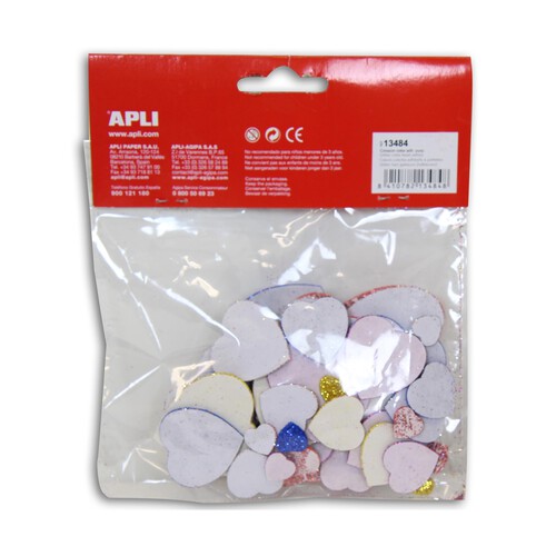 Bolsa de 52 corazones adhesivos de goma eva con purpurina y de diferentes colores APLI.