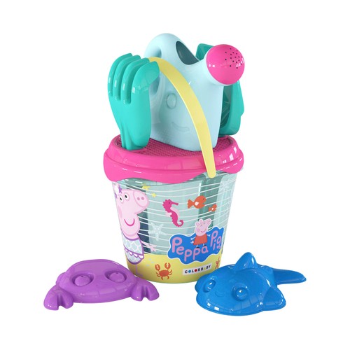 Mochila con cubo de playa con pala, rastrillo, regadera, molde y pelota PEPPA PIG.