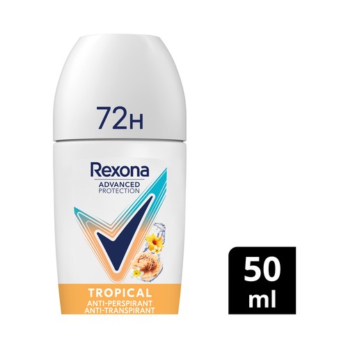 REXONA Advanced protection tropical Desodorante roll on para mujer con aroma tropical y protección antitranspirante hasta 72 horas 50 ml.