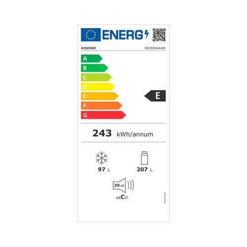 Frigorífico combi 186cm HISENSE RB390N4AWE NO FROST, clasificación energética: E, H: 186cm, A: 59,5cm, F: 58,9cm, capacidad total: 304L.